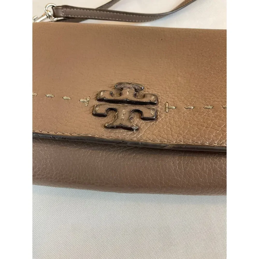 Tory Burch Brown Leather Crossbody Purse, about 8 in x 5 in